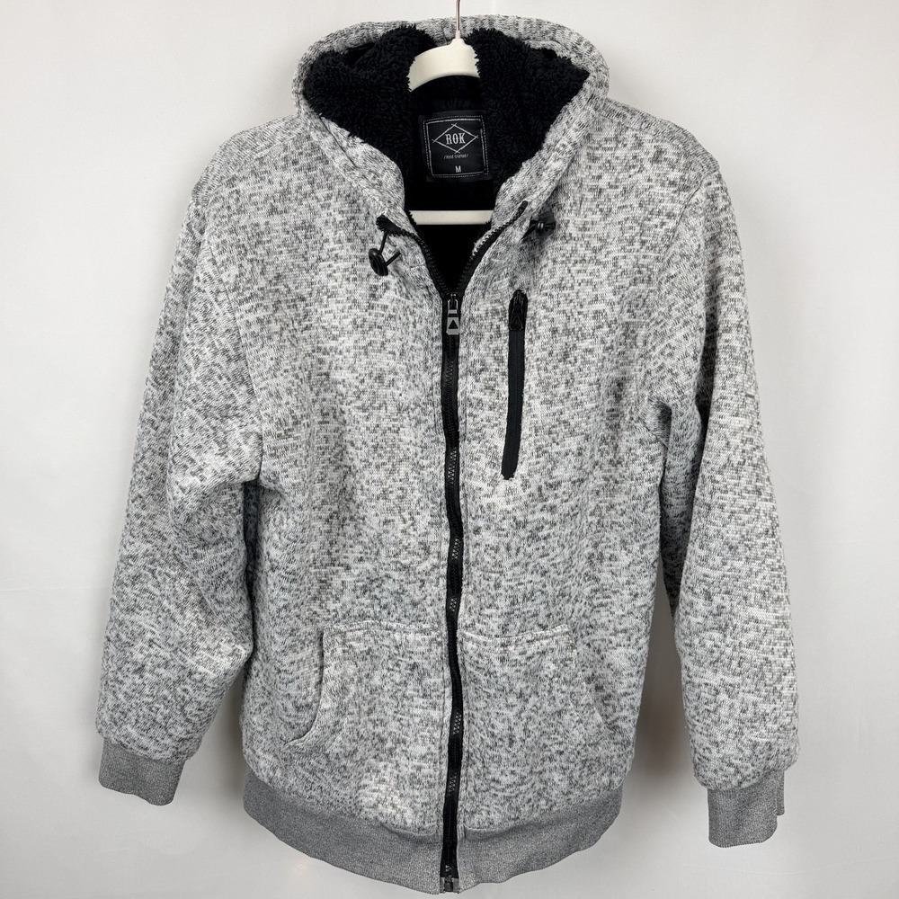 ROX Hand‎ Crafted Sherpa Lined Hoodie Jacket Mens M Full Zip Gray Marled Fleece